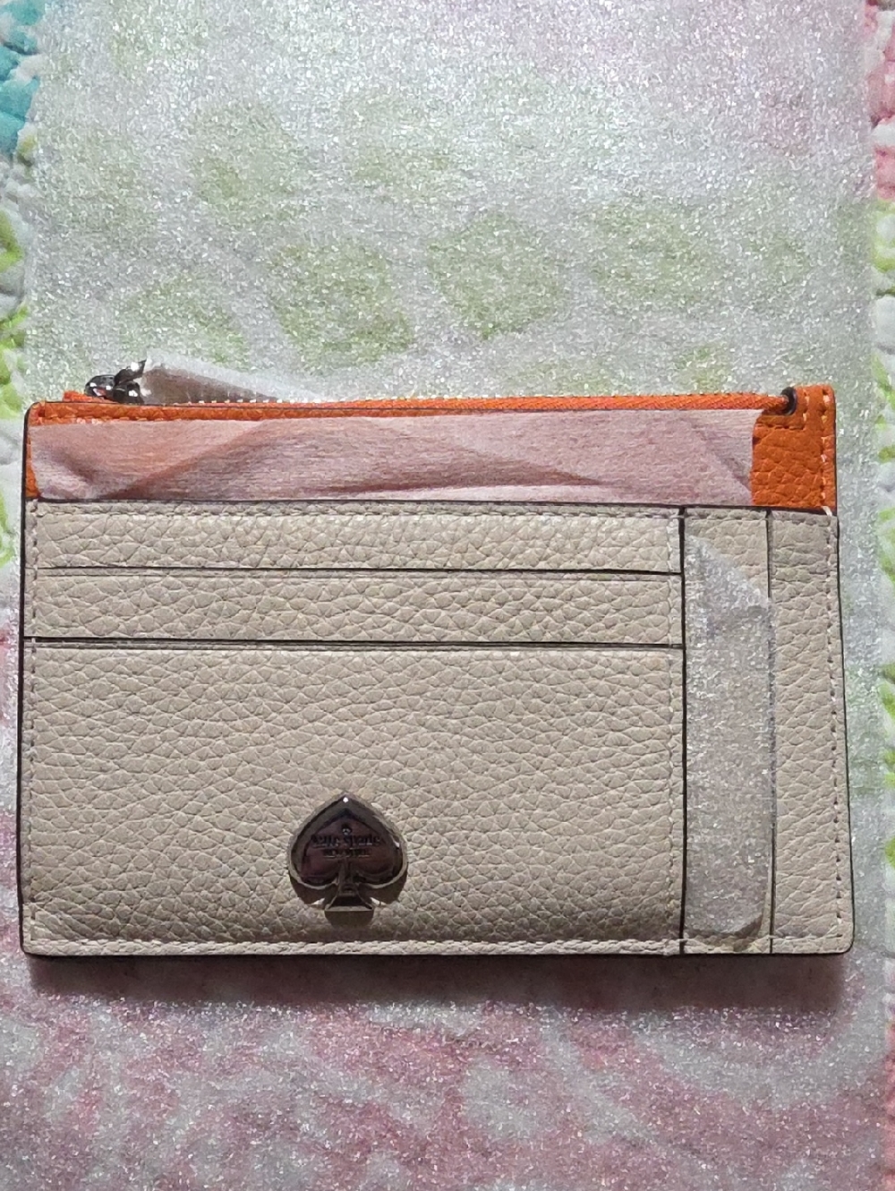 kate spade Cream Leather Card Case with Orange Trim